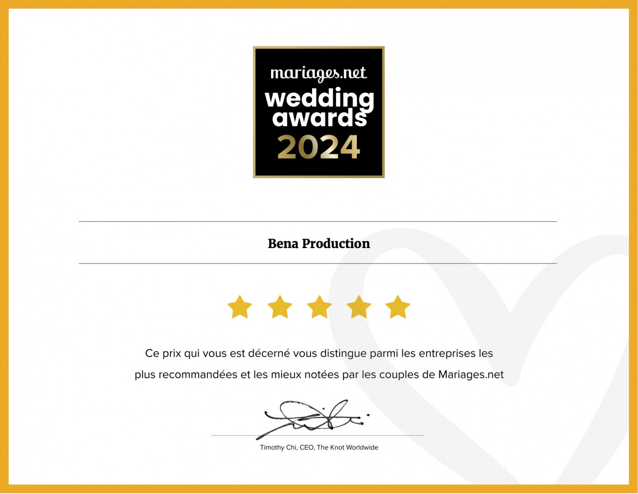 BENA PRODUCTION remporte le Wedding Award 2024 : Photo & Vidéo de Mariage